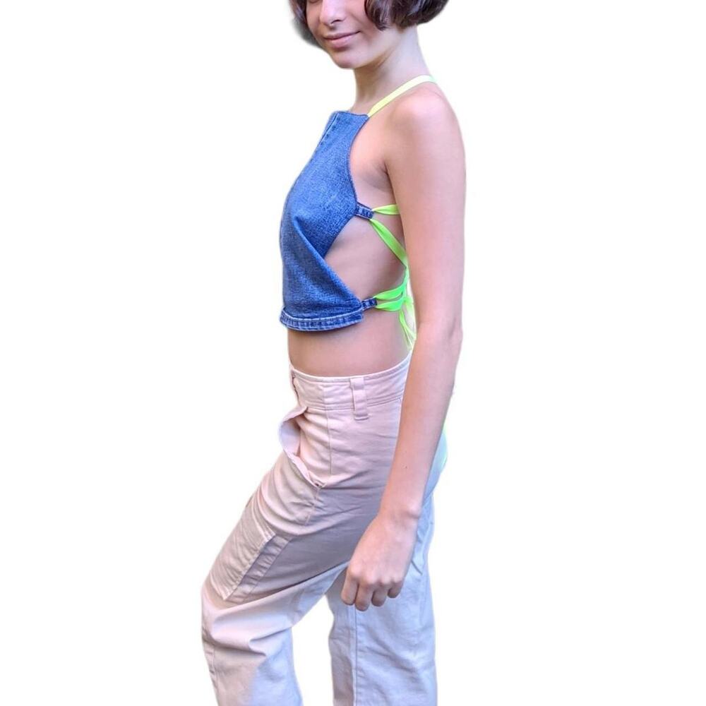 Reworked Blue Green Denim Crop Top M